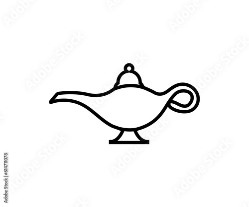 Aladdin lamp logo old vector line icon. Genie magic fairy lamp cartoon sign concept.
