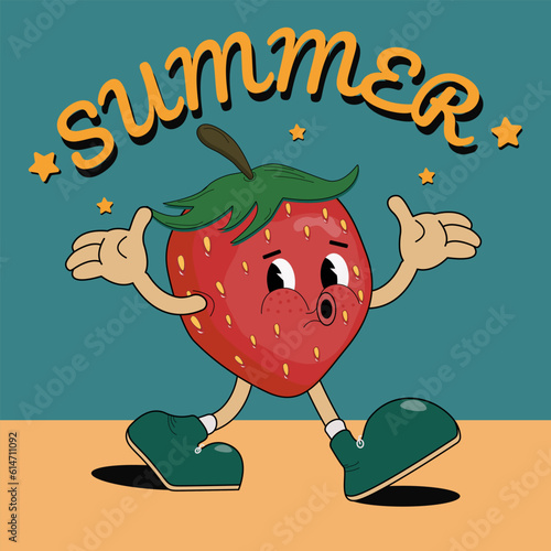 Summer. Funny character happy strawberry in retro-funk style. Comic fruit mascot strawberry on a blue background. Flat summer bright vector illustration in cartoon retro style of the 70s.