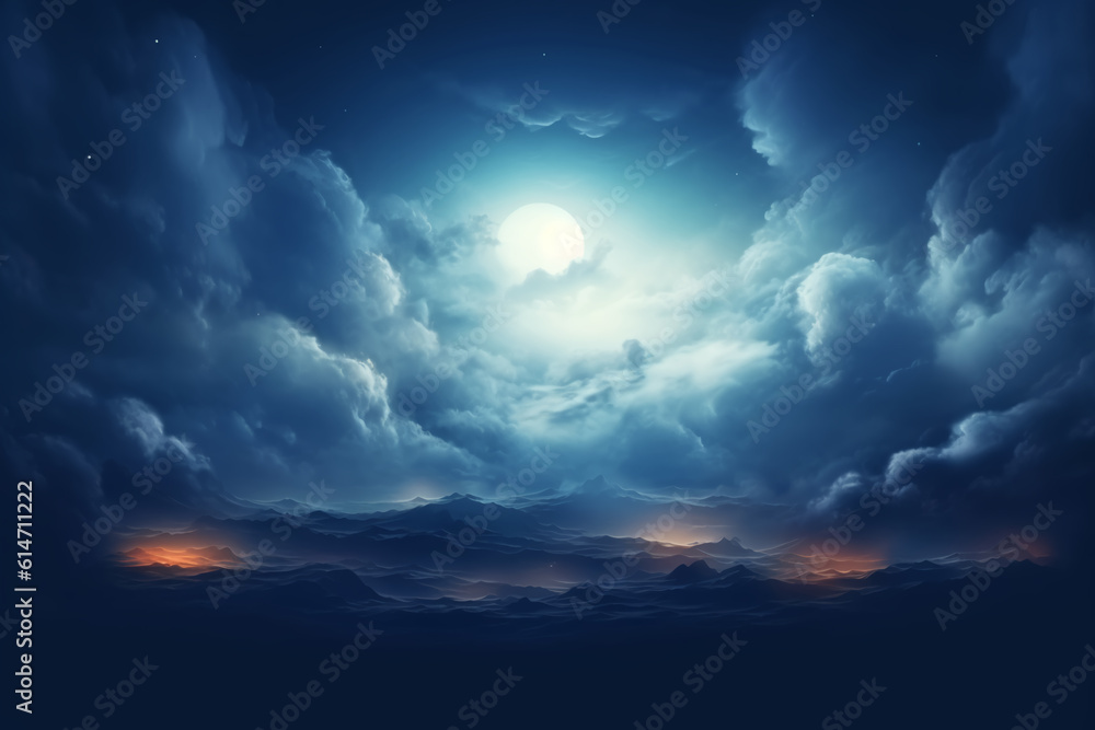 Naklejka premium Flying over deep night clouds with moonlight