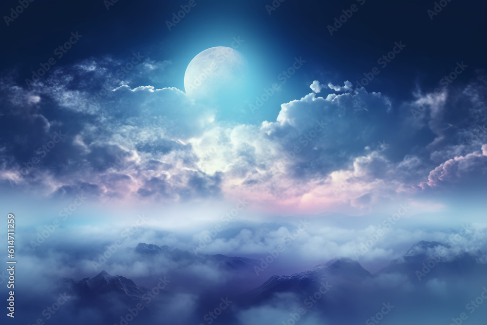 Flying over deep night clouds with moonlight Flying over deep night clouds with moonlight