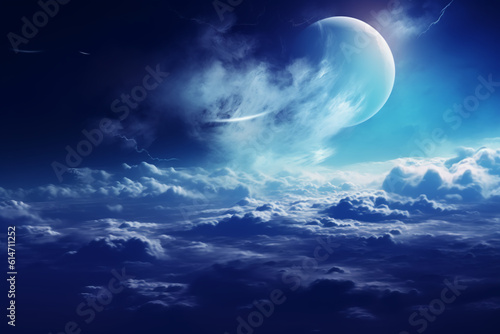 Flying over deep night clouds with moonlight