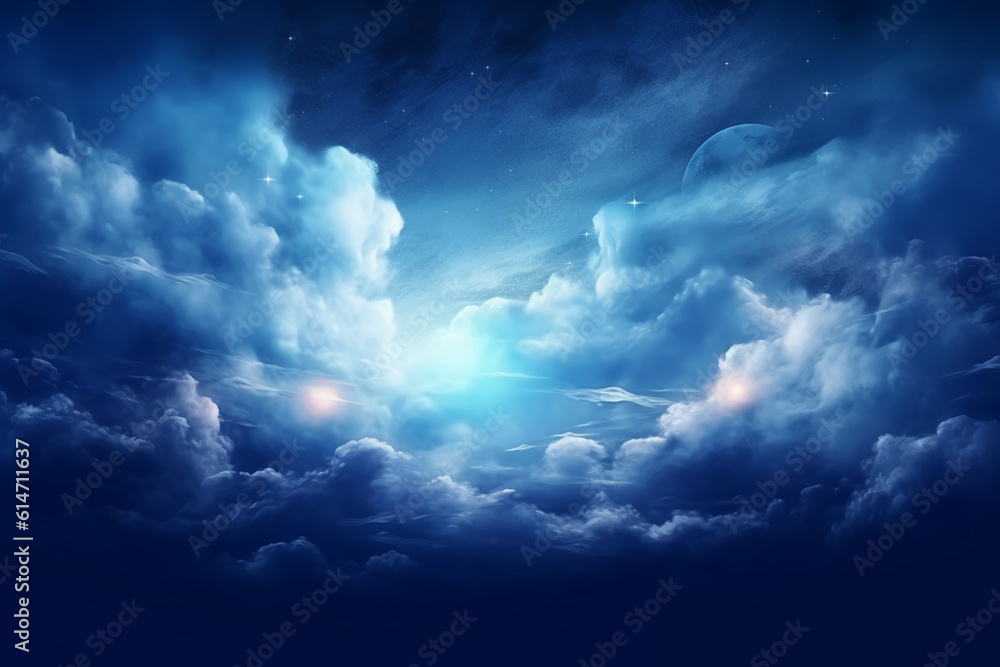 Flying over deep night clouds with moonlight Flying over deep night clouds with moonlight
