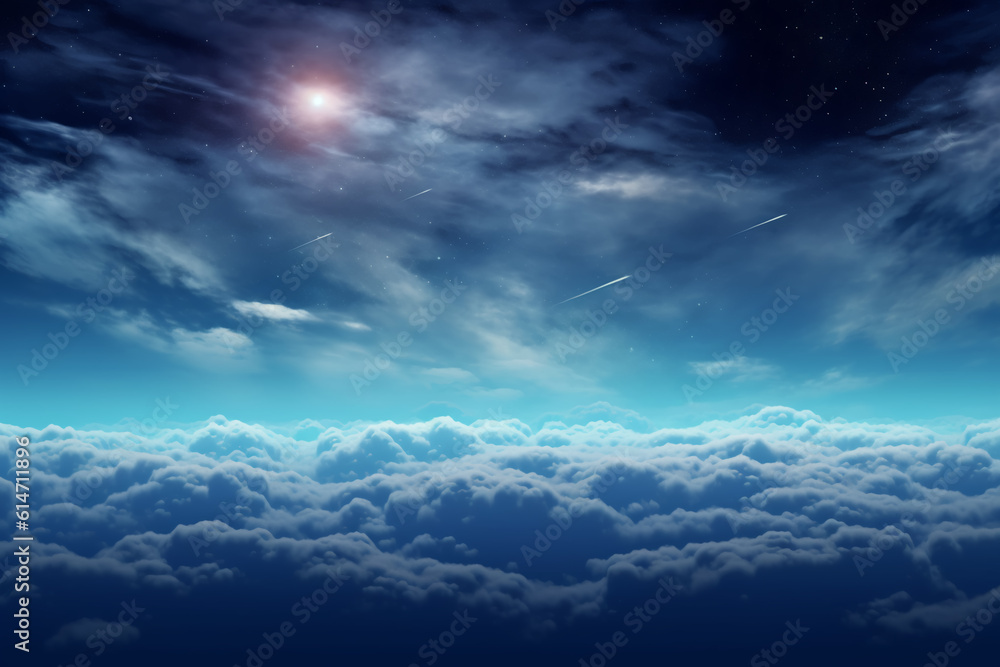 Flying over deep night clouds with moonlight