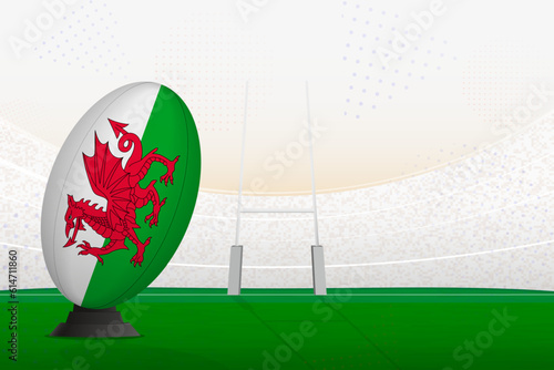Wales national team rugby ball on rugby stadium and goal posts, preparing for a penalty or free kick.
