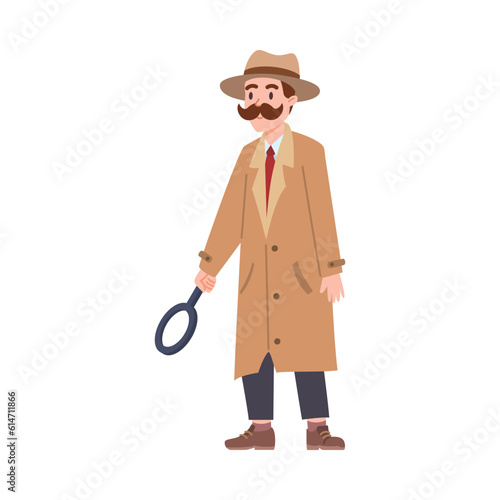 Vector isolated illustration of man with mustache in coat and hat stands with magnifying glass on white background, Private detective agency