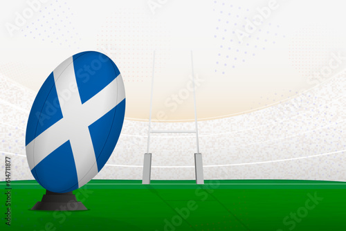 Scotland national team rugby ball on rugby stadium and goal posts, preparing for a penalty or free kick.