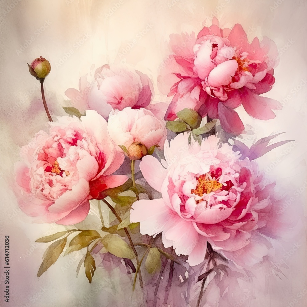 Wedding floral composition. Watercolor peony flowers illustration. Generative AI
