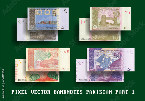 Vector set of pixelated mosaic banknotes of Pakistan. Notes in denominations of 5, 10, 20 and 50 Pakistani rupees. Part one.