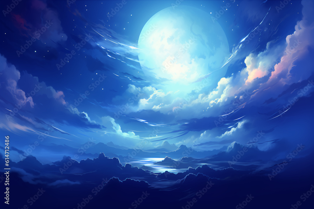 Flying over deep night clouds with moonlight Flying over deep night clouds with moonlight