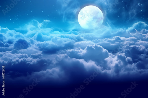 Flying over deep night clouds with moonlight