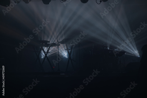 musical instruments set on stage and spotlights and stage lights