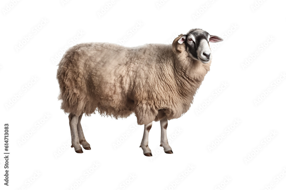 Cut out of young sheep isolated on white background looking at camera. No people. Copy space generative AI. Cut out of young sheep isolated on white background looking at camera. No people. Copy space generative AI.