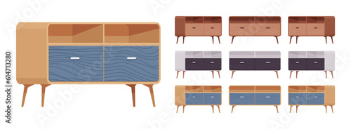 Sideboard buffet credenza, low storage cabinet big set. Solid wood dining, living room, condo, kitchen functional furniture. Vector flat style cartoon home, office pieces isolated on white background