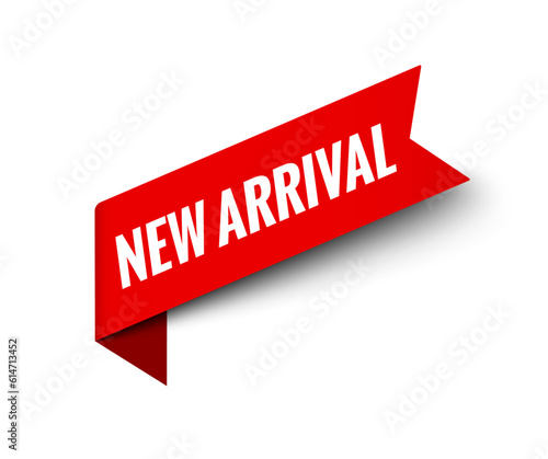 New product arrival tag icon badge. Vector red label sign design banner. Promo illustration symbol.
