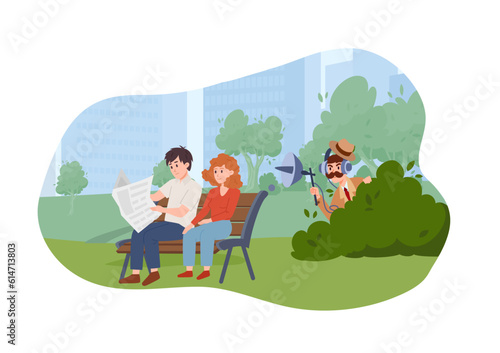 Detective hiding in bushes and listening to people's talk, flat vector illustration isolated on white background.