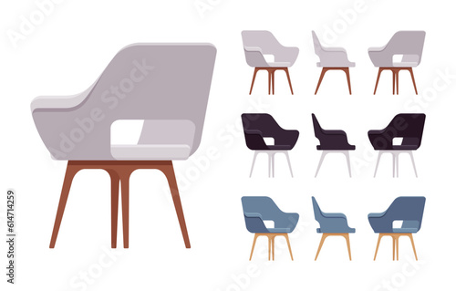 Side furniture reception chair, dining lounge seat big set. Cafe indoor or outdoor use, kitchen, guest room modern decor. Vector flat style cartoon home, office pieces isolated on white background