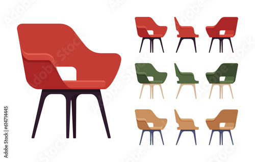 Side furniture reception chair, dining lounge seat big accent set. Cafe indoor, outdoor use, kitchen, guest room modern decor. Vector flat style cartoon home, office pieces isolated, white background