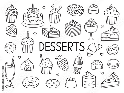 Desserts and sweets doodle set. Candies, chocolate, cakes, donut, ice cream in sketch style. Hand drawn vector illustration isolated on white background