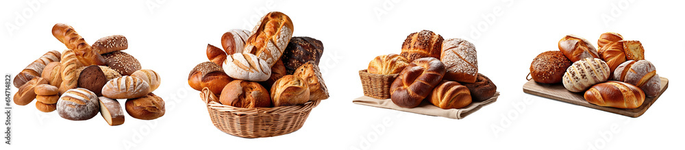 Assortment of fresh baked bread on white transparent  background