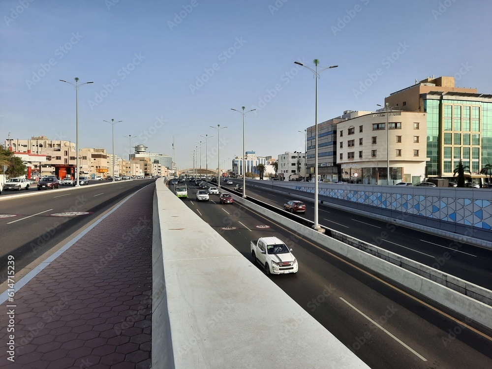 Beautiful daytime view of Al Andalus Street in Jeddah. Al-Andalus Road is located in the center of Jeddah city and is the busiest road in Jeddah city.