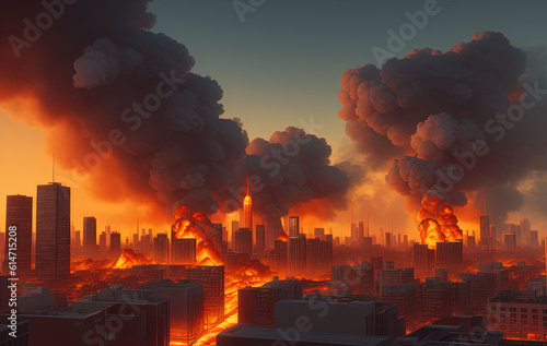 А modern city devastated by fire, explosions and chaos. Ai generated technology