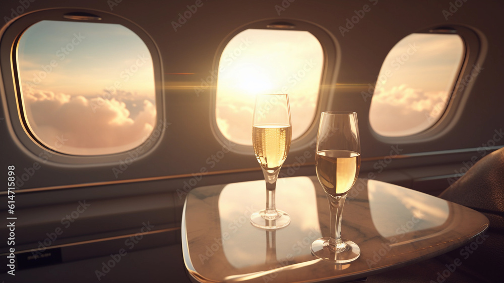 View from plane in business class with champagne