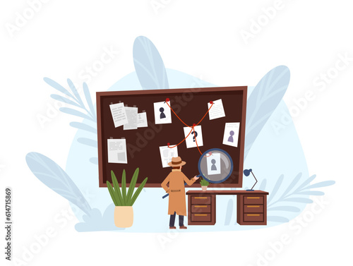 Detective collecting evidence on big board, cartoon flat vector illustration isolated on white background.