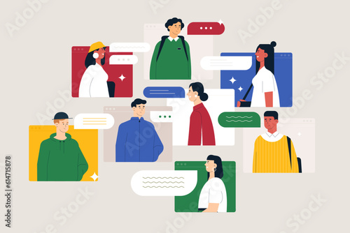 Video meeting concept. Cartoon remote collaboration and teamwork concept, group characters working and chatting at distance, online employees. Vector illustration