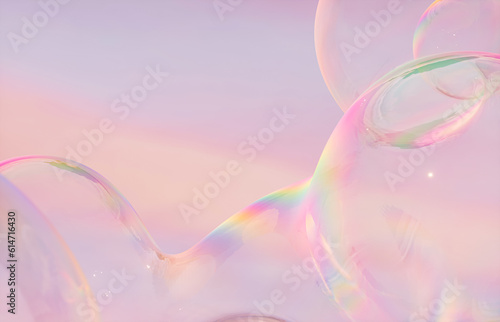 Abstract 3d art with holographic soap bubbles floating on sky background. fluid. liquid blobs. 
