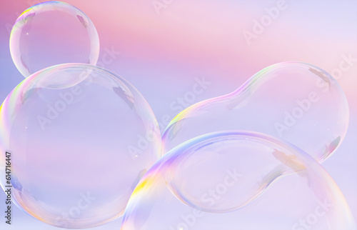 Abstract 3d art with holographic soap bubbles floating on sky background. fluid. liquid blobs. 