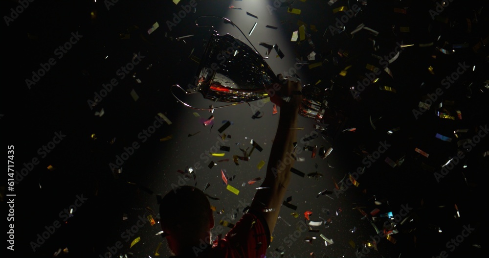 Silhouette of Caucasian male soccer football player raising a trophy above head against bright light and falling confetti. Super slow motion, shot on RED cinema camera Silhouette of Caucasian male soccer football player raising a trophy above head against bright light and falling confetti. Super slow motion, shot on RED cinema camera