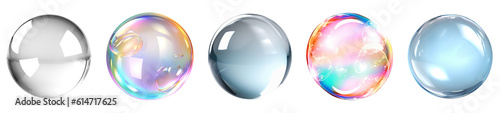 Set of realistic transparent colorful soap bubbles with rainbow reflection isolated on transparent background.