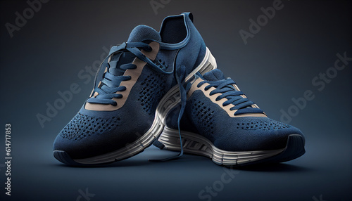 Pair of sneakers, a pair of textile blue trainers with laces floats in the air, Generative AI