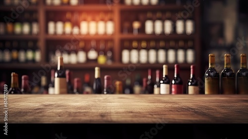 Wine wooden table background. Blurred wine shop with bottles