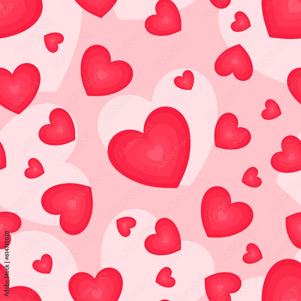 Cute red hearts seamless pattern. Endless or repeated texture with bright hearts on pastel pink background. Vector illustration