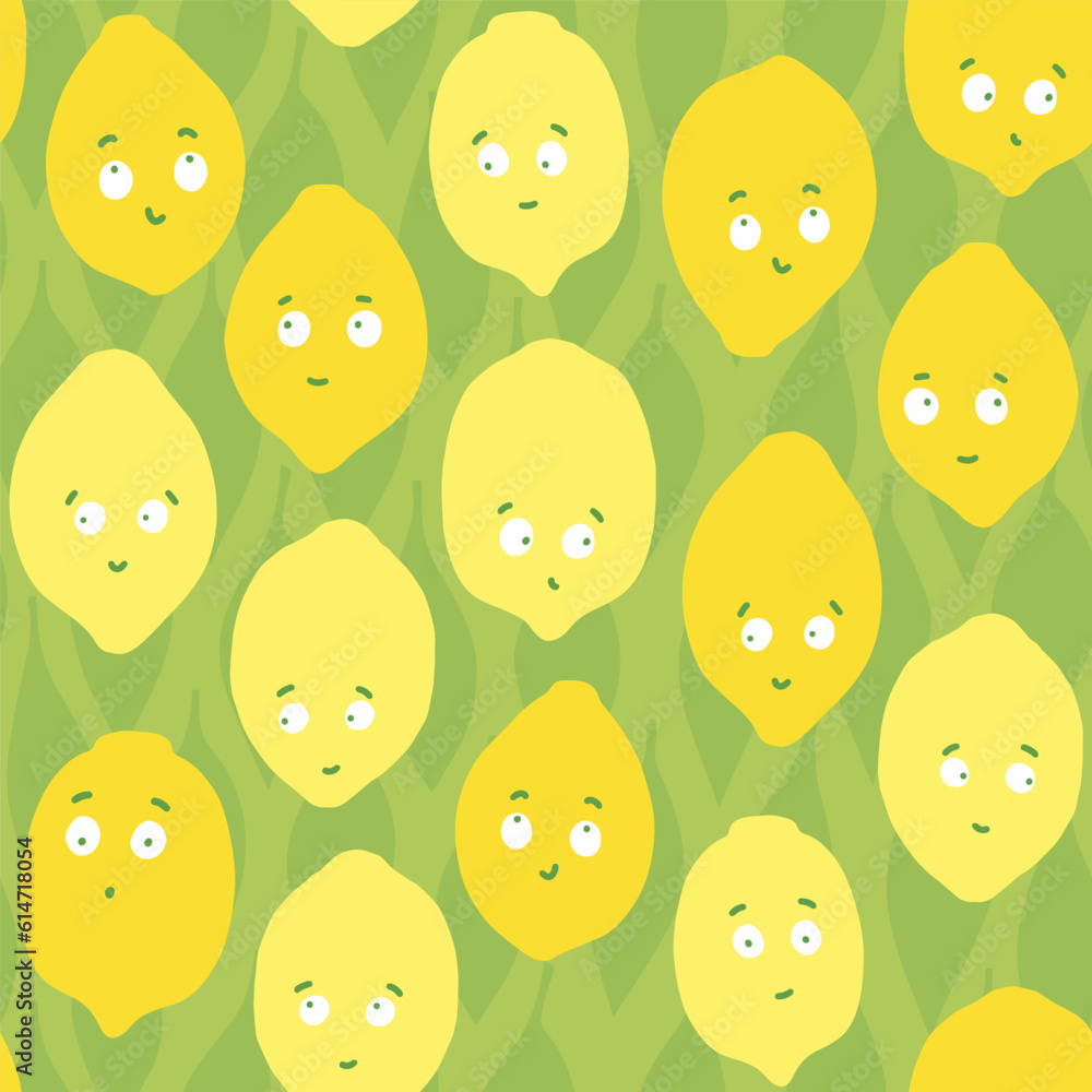 colorful vector hand drawn messy lemon fruits summer seasonal seamless repeat pattern on green background with leaf shapes