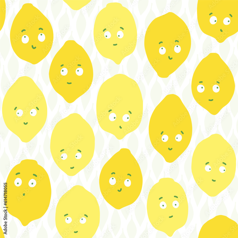 colorful vector hand drawn messy lemon fruits summer seasonal seamless repeat pattern on white background with delicate leaf shapes