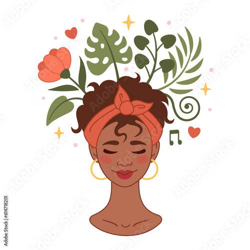 Mental health concept. Smiling afro american woman accepts, loves herself. Girl feels relaxed, confident. Flowers grow from the woman head. Happiness, harmony, positive thinking, self care concept.