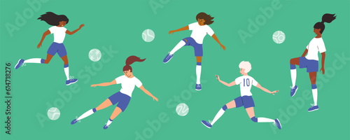 Set of diversity female soccer players illustrations. Women in white blue sport wear playing ball green football field. Isolated vector collection. Women's league, girl team training, athlete females