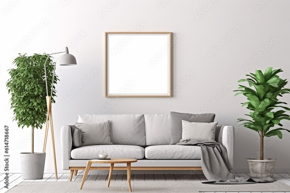 Blank picture frame mockup on gray wall. White living room design. generative AI Blank picture frame mockup on gray wall. White living room design. generative AI