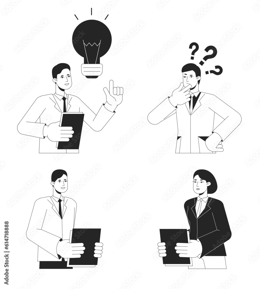 Office people working hard bw vector spot illustration set. Male and female employees 2D cartoon flat line monochromatic characters for web UI design. Editable isolated outline hero image pack Office people working hard bw vector spot illustration set. Male and female employees 2D cartoon flat line monochromatic characters for web UI design. Editable isolated outline hero image pack