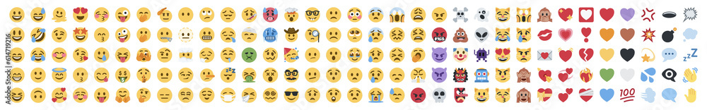 Fototapeta premium Big set of yellow emoji. Funny emoticons faces with facial expressions. On transparent background.