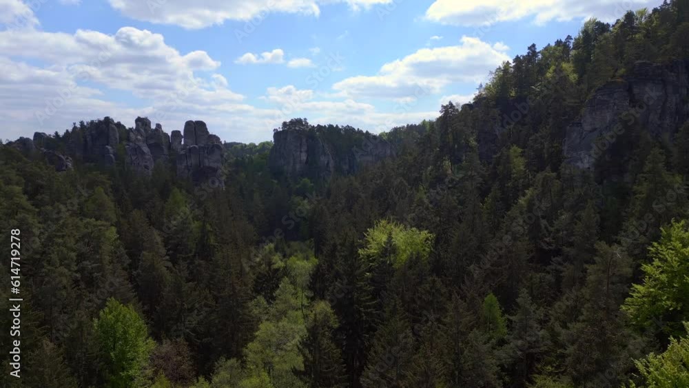 Blue sky with fleecy clouds over bohemian paradise. Fantastic aerial view drone Blue sky with fleecy clouds over bohemian paradise. Fantastic aerial view drone