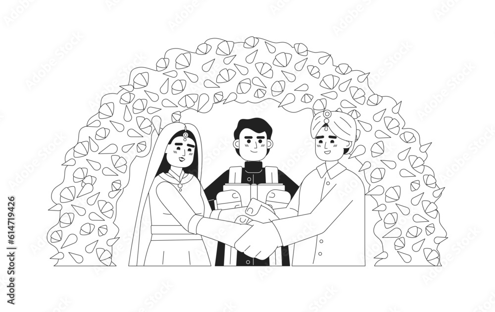Obraz premium Indian prayer officiating bride groom hindu wedding monochromatic flat vector characters. Ceremonial event. Editable line half body people on white. Simple bw cartoon spot image for web graphic design