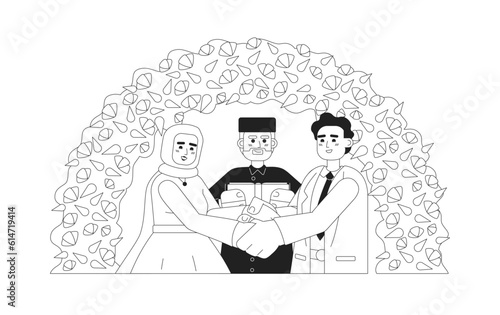 Imam officiating muslim bride groom wedding monochromatic flat vector characters. Nikah ceremony. Editable thin line half body people on white. Simple bw cartoon spot image for web graphic design