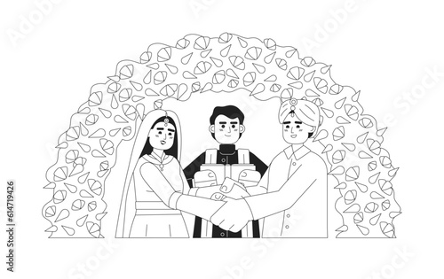 Indian prayer officiating bride groom hindu wedding monochromatic flat vector characters. Ceremonial event. Editable line half body people on white. Simple bw cartoon spot image for web graphic design