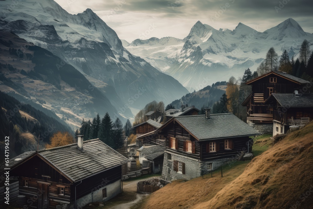 Some wooden houses in the middle of a big mountain