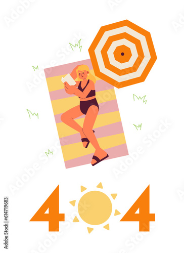 Reading book on beach error 404 flash message. Caucasian woman enjoying summer reading. Empty state ui design. Page not found popup cartoon image. Vector flat illustration concept on white background
