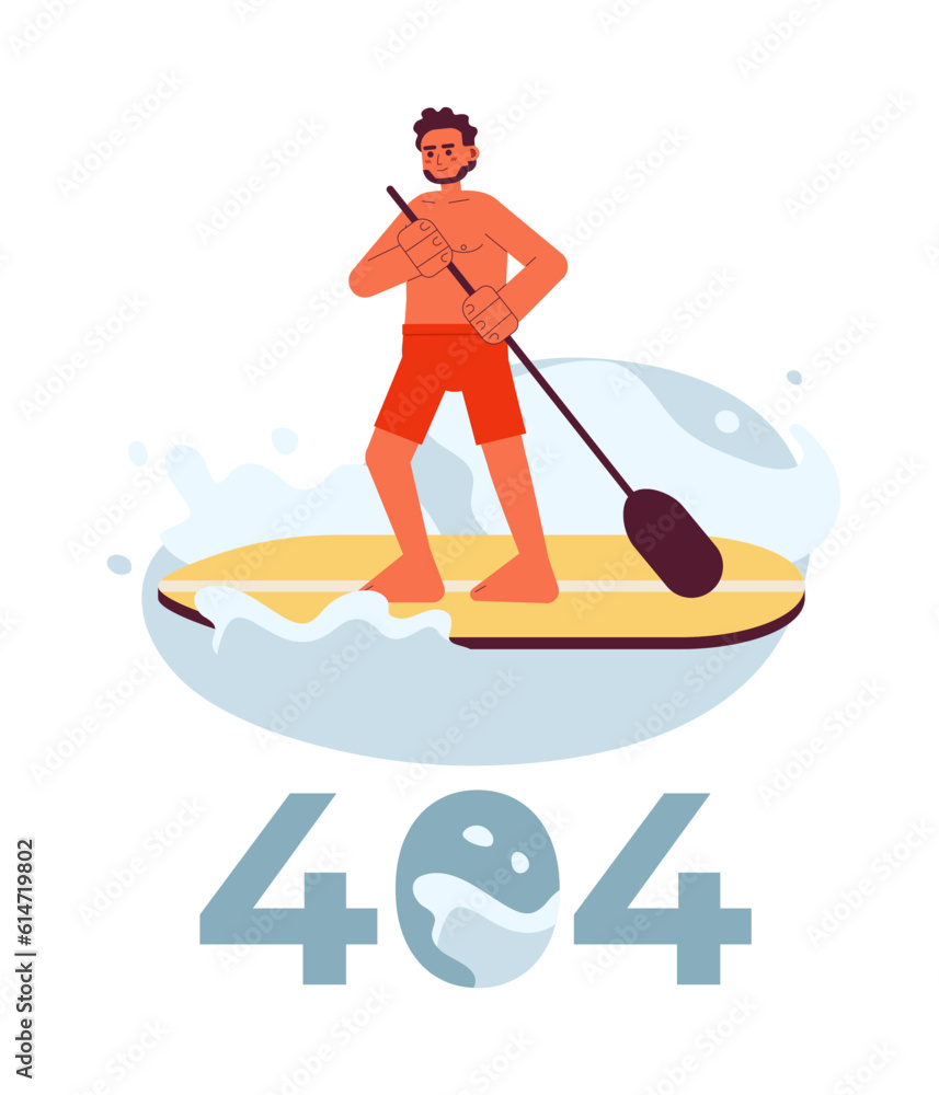 Indian man paddleboarding on lake error 404 flash message. Stand up paddle board. Empty state ui design. Page not found popup cartoon image. Vector flat illustration concept on white background