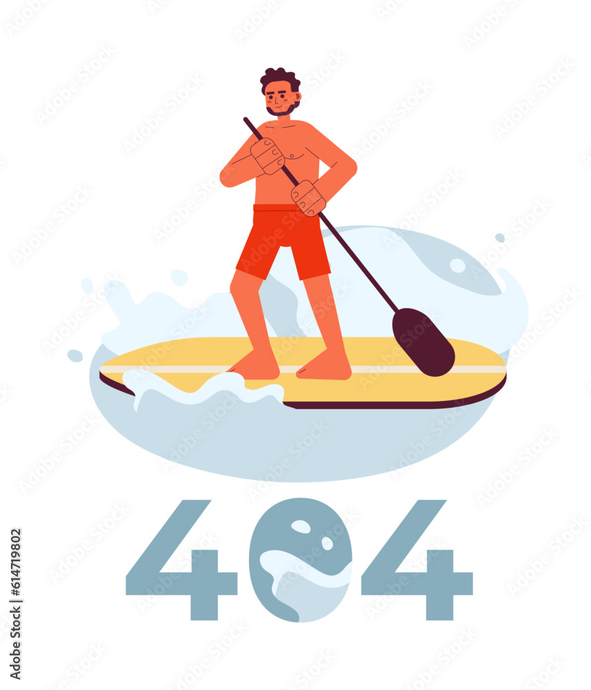 Indian man paddleboarding on lake error 404 flash message. Stand up paddle board. Empty state ui design. Page not found popup cartoon image. Vector flat illustration concept on white background Indian man paddleboarding on lake error 404 flash message. Stand up paddle board. Empty state ui design. Page not found popup cartoon image. Vector flat illustration concept on white background